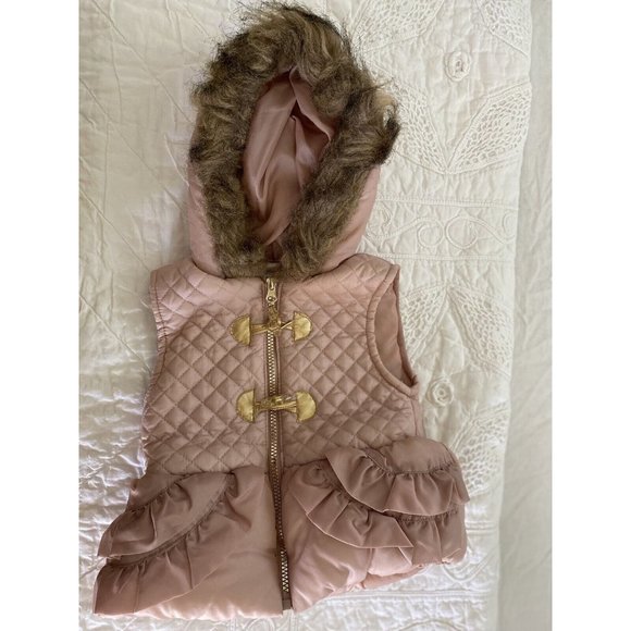 Little Lass Light Pink Puffer Vest Girls 2T Faux Fur Trimmed Hoodie Full Zip EUC - Picture 6 of 16